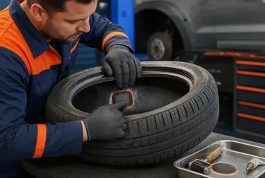 Mecânico consertando pneu em uma borracharia em Apucarana.