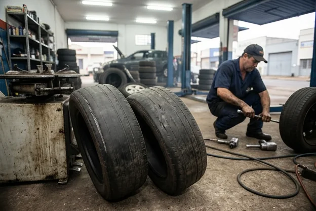 Pneus desgastados sendo analisados em uma borracharia em Apucarana.
